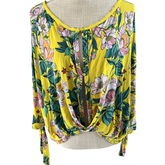 Free People Yellow Floral Long-Sleeve Blouse Tie Detail/Button Closure size M - Picture 1 of 11